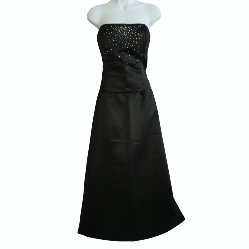 Scott McClintock Black Satin Vintage Gown Maxi Corset Boning Starry Rhinestones - Picture 4 of 11